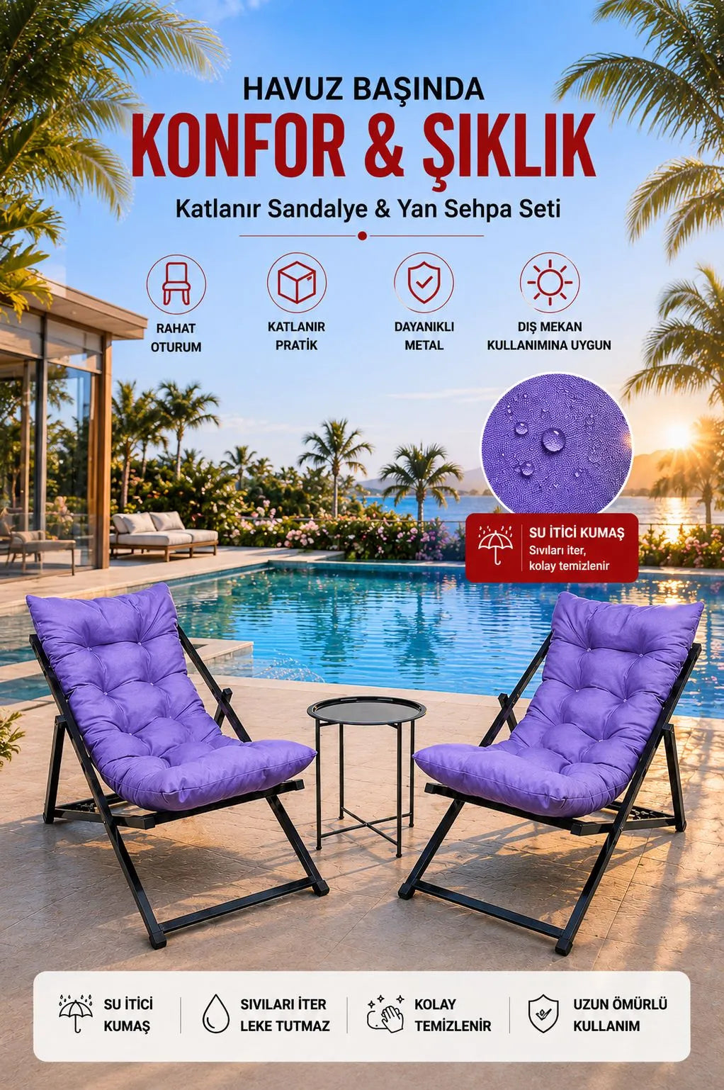 Hastunç Siyah Mor 2’li Şezlong Seti + Sehpa