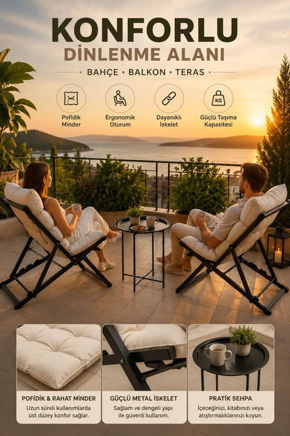 Hastunç Siyah Beyaz 2’li Şezlong Seti + Sehpa