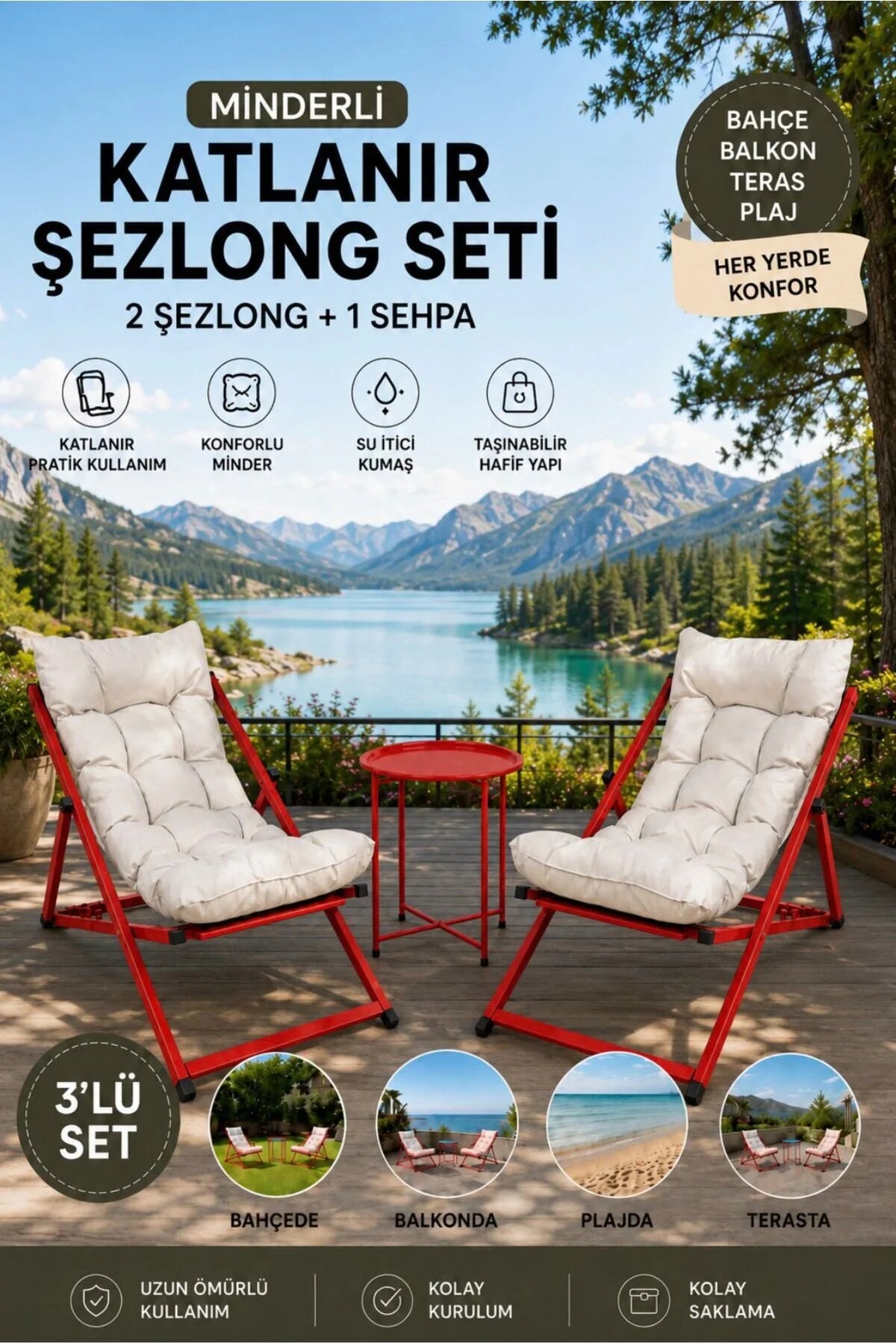Hastunç Beyaz - Kırmızı 2’li Şezlong Seti + Sehpa