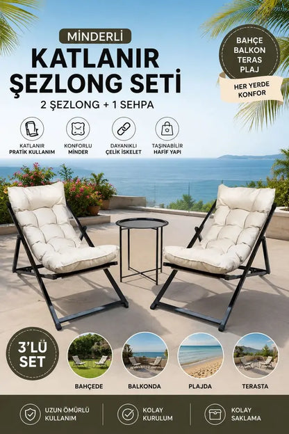 Hastunç Siyah Beyaz 2’li Şezlong Seti + Sehpa