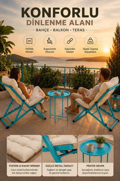 Hastunç Mavi Beyaz 2’li Şezlong Seti + Sehpa
