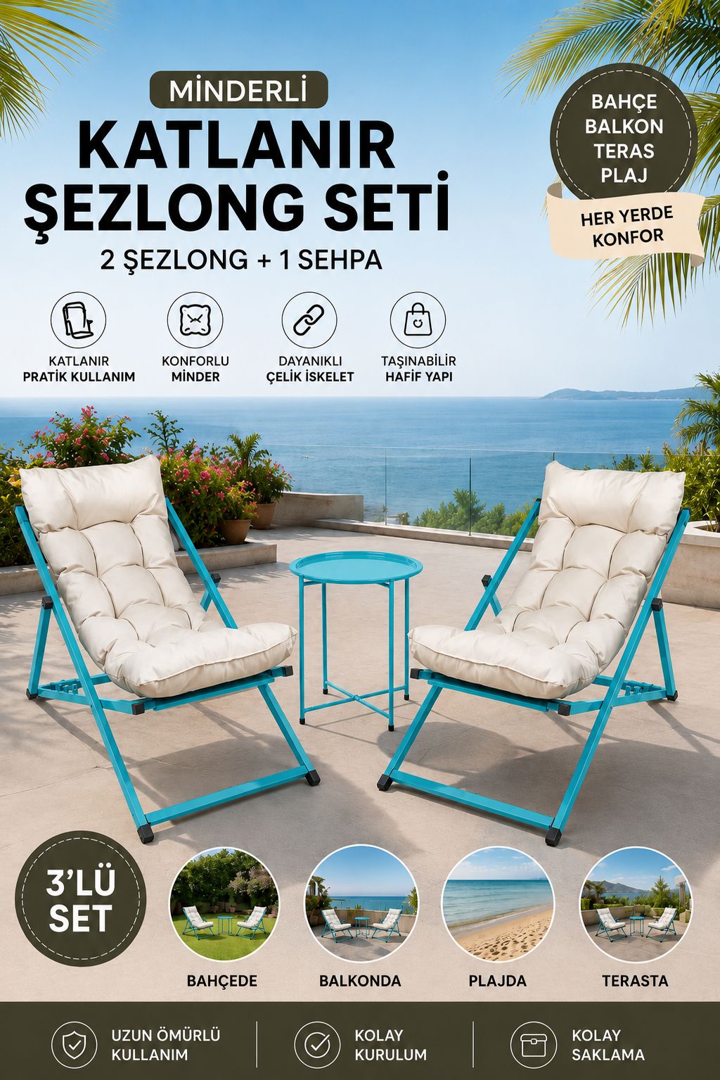 Hastunç Mavi Beyaz 2’li Şezlong Seti + Sehpa