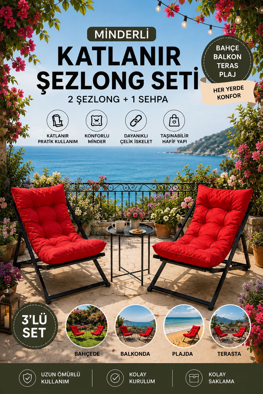 Siyah 2’li Şezlong Seti + Sehpa