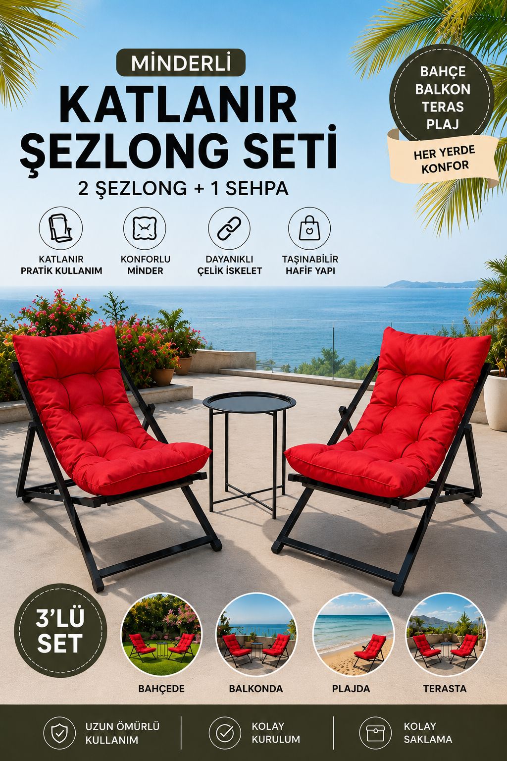 Siyah 2’li Şezlong Seti + Sehpa