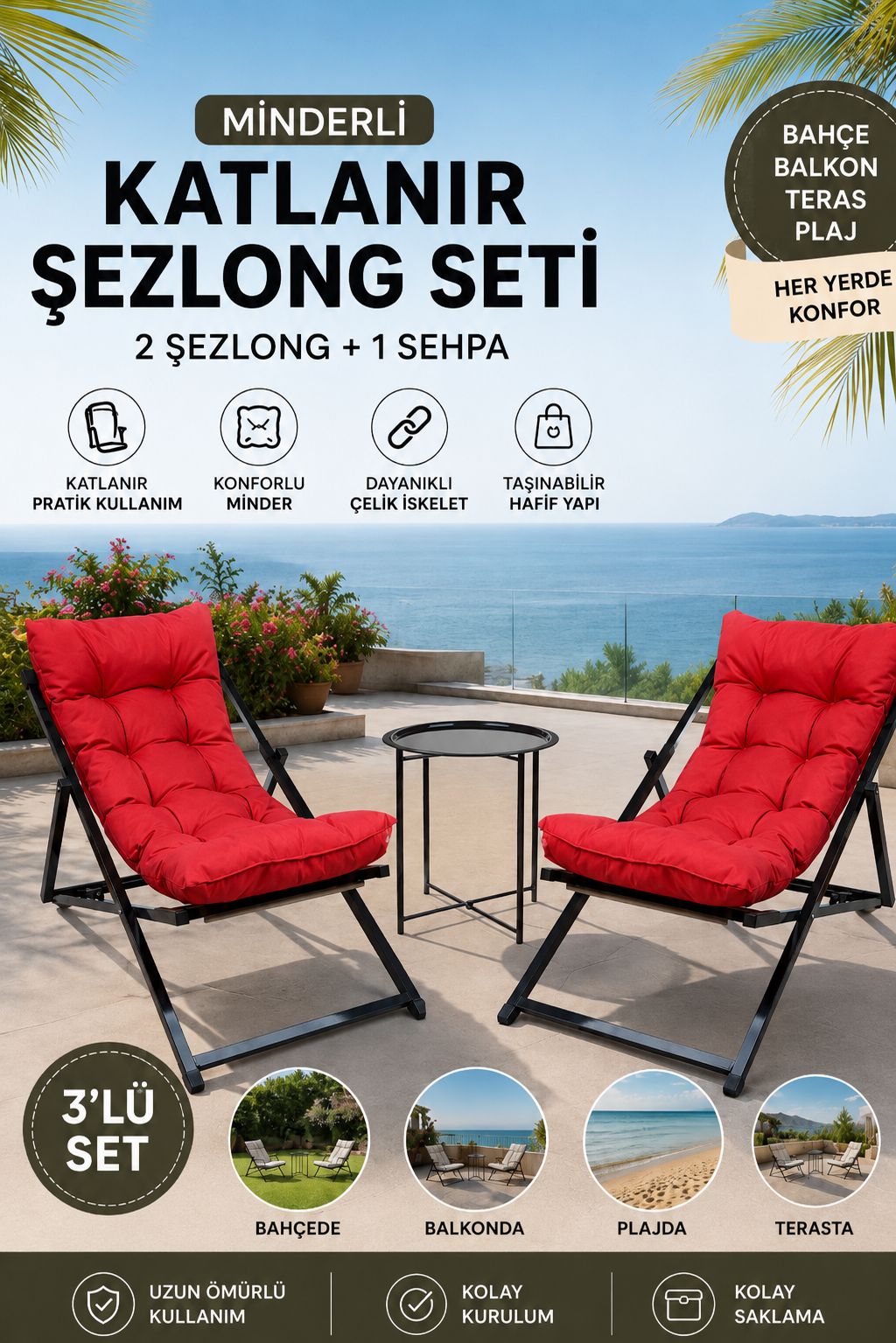 Siyah 2’li Şezlong Seti + Sehpa