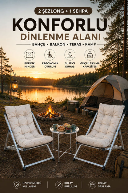 Beyaz 2’li Şezlong Seti + Sehpa