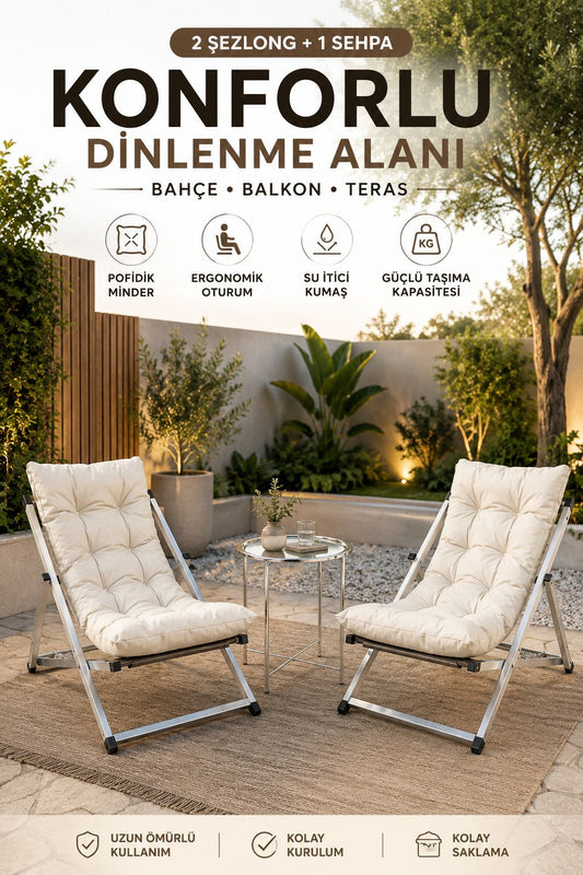 Beyaz 2’li Şezlong Seti + Sehpa